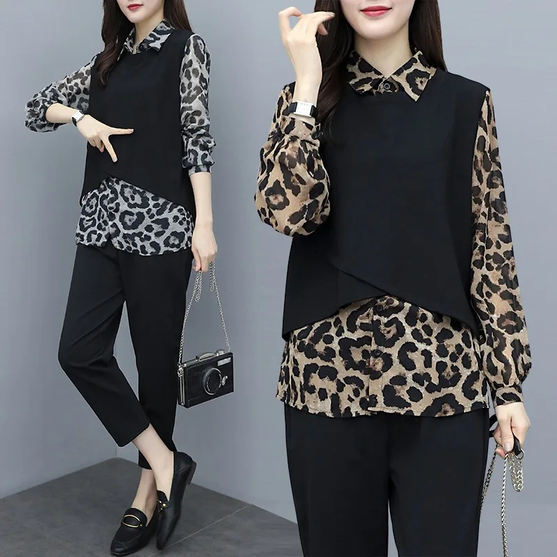 

2019 Spring And Summer New Style Large Size Dress Leopord Pattern Chiffon Joint Waistcoat Mock Two-Piece Tops And Capri Pants Tw