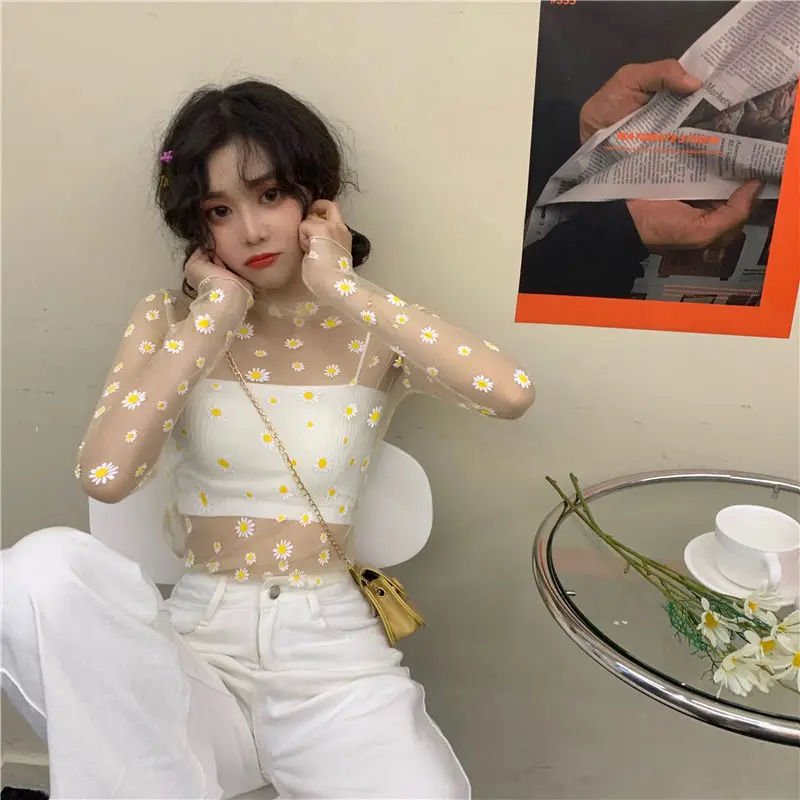 See Through Small chrysanthemum Mesh Gauze Tops Long Sleeve Transparent Sun Protection Ladies Turtleneck summer T-Shirt Top