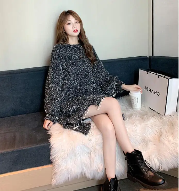 lazy wind coat western style sweater  sweater heavy Pearl Irregular Long Sweater Dress tassel  batwing sleeve o-neck Korea