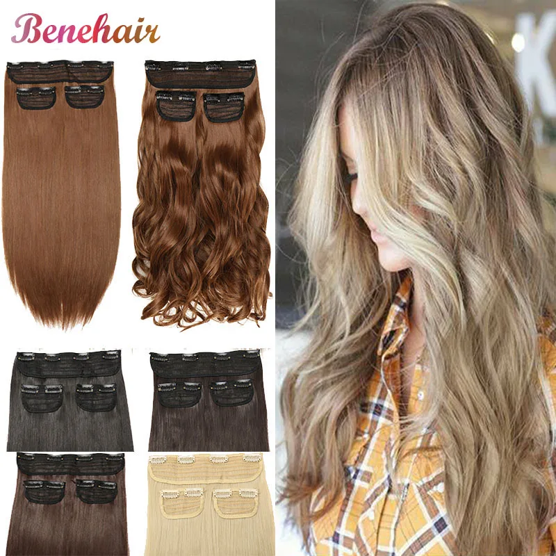 BENEHAIR Clip In Hair Extensions Hair Piece Long Straight Synthetic Hair 3pcs Clip Hair Fake Hair For Women Heat Resistant Hair