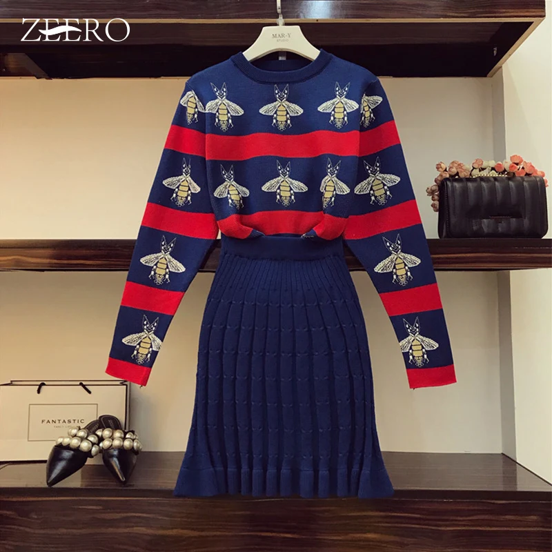 

Women Bees Jacquard Sweater Set Knitted Striped Pullover Sweater + Package Hip Pleated Skirt Suit 2 Piece Set Winter Outfits