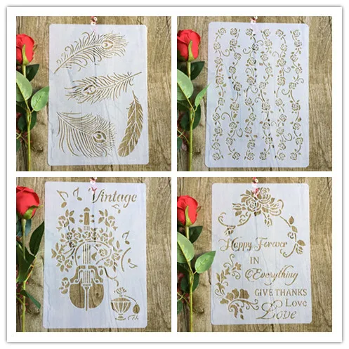 

4pcs/set Feather flower guitar A4 DIY stencil wall painting scrapbook coloring photo album decorative paper card template