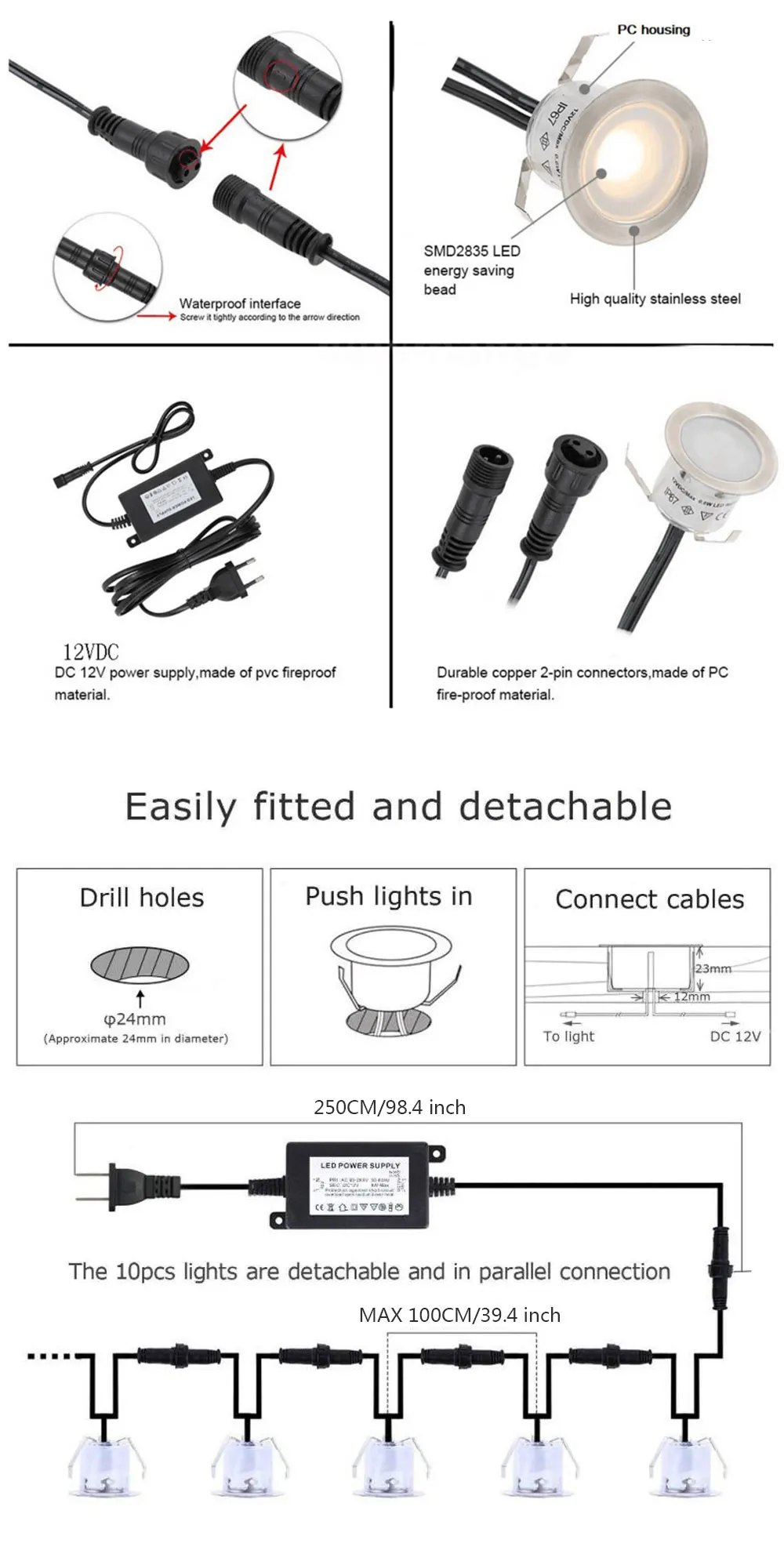 Description Picture 3 of item1-16PCS 12V LED Deck Lights IP67 Waterproof Landscape Deck Lighting Recessed Underground Lamp Garden Pathway Stairs Decoration