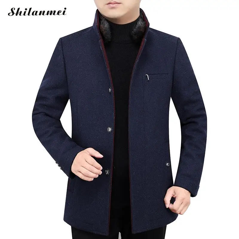 navy blue Зимнее пальто с длинными рукавами M-4xl, большие размеры, Мужское пальто с воротником-стойкой, синее осеннее пальто, мужская повседневная длинная куртка Abrigo Hombre - Цвет: navy blue