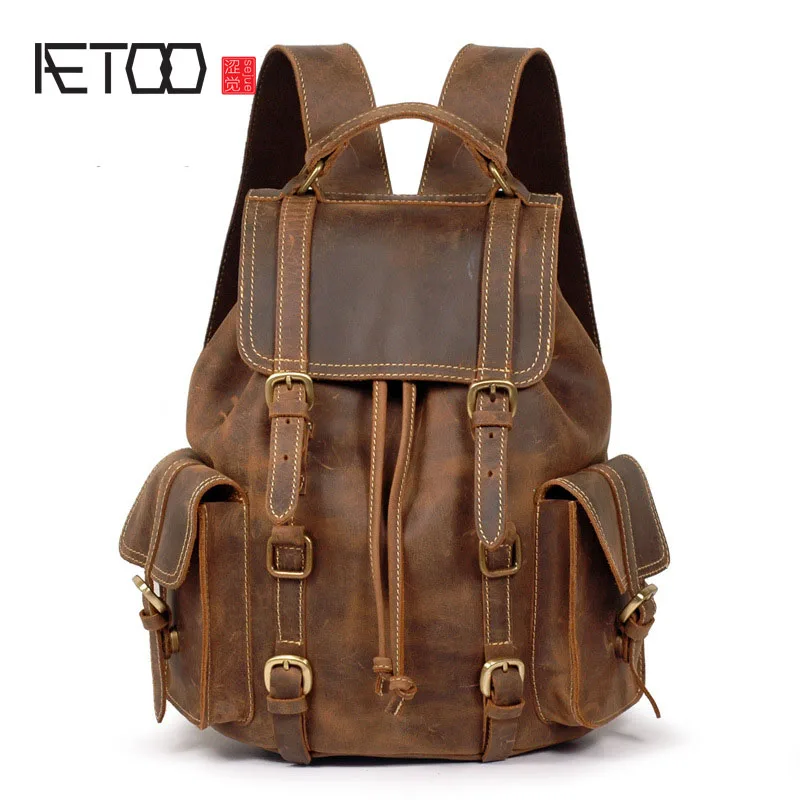 AETOO, Crazy horse, кожаная сумка на плечо, рюкзак, Ретро стиль, мужской рюкзак, первый слой, Воловья кожа, для пожилых мужчин, рюкзак