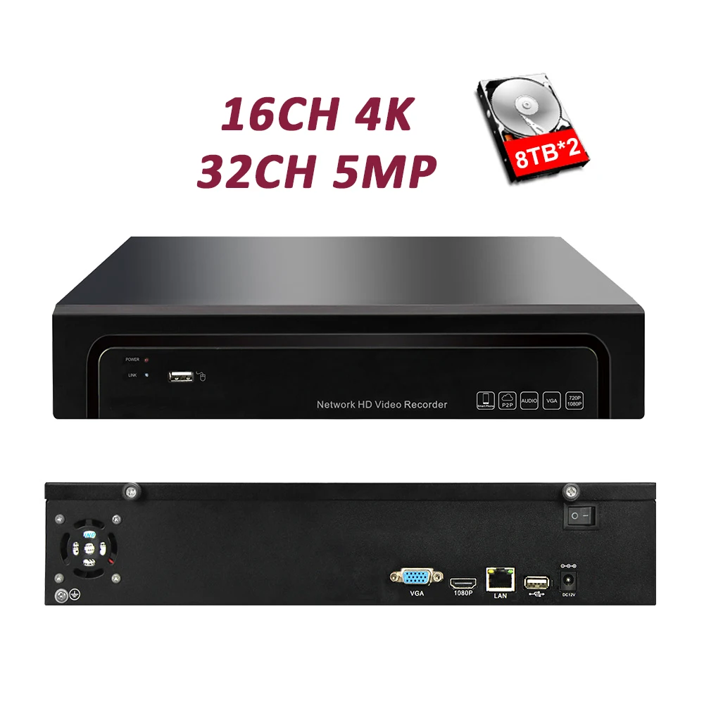 

32CH 5MP or 16CH 4K Network Video Recorder for CCTV IP Camera Supports Access 2 SATA UP16TB P2P Record H.264/H.265 Onvif NVR