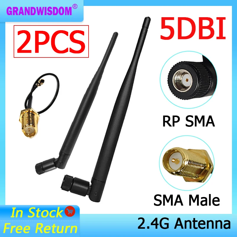 GRANDWISDOM 2pcs 2.4G antenna 5dbi sma female wlan wifi 2.4ghz antene IPX ipex 1 SMA male pigtail Extension Cable module antena