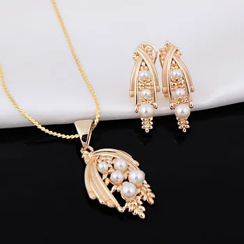

FARLENAMATTE GOLD COLOR ELEGANT FASCINATING SIMULATED PEARL WATER DROP NECKLACE EARRING SET FOR WOMEN 2-PIECE JEWELRY SET