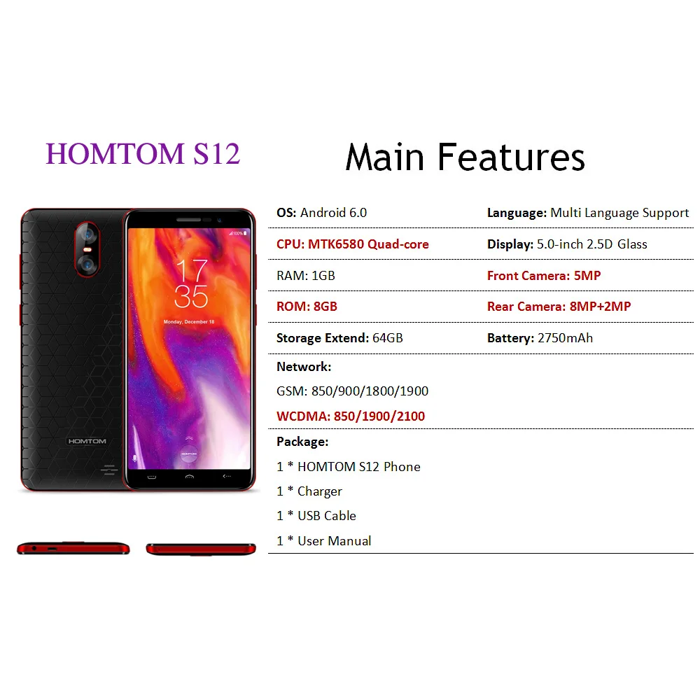 HOMTOM S12 полноэкранный мобильный телефон 1 Гб+ 8 Гб 5,0 дюймов Android 6,0 четырехъядерный 8 Мп 2 Мп задняя двойная камера 3g WCDMA смартфон