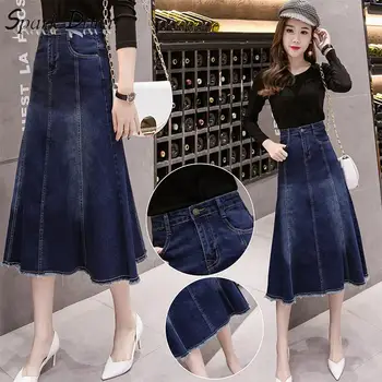 

SparkDora 2020 Spring New Denim Old Skirt Big Swing Skirt Long Skirt Fresh High Waist Elastic Versatile Umbrella Skirt