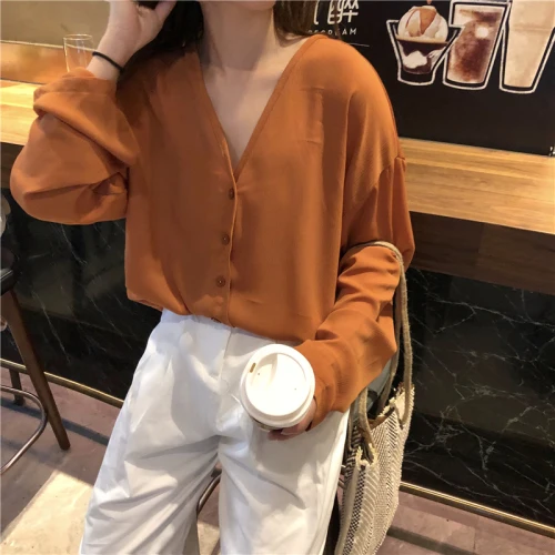 

Harajuku Style 2019 New Fashion Spring Solid Color Orange Pink Black Top Loose Casual Cloth Ladies Shirt Long Sleeve Top