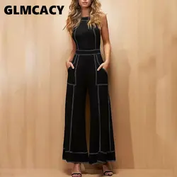 Для женщин контрастная Привязка спинка крест-накрест спортивные костюмы с карманами Повседневное свободные черные длинные ползунки