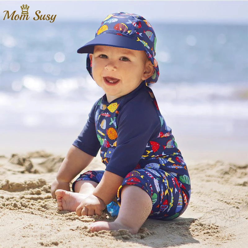 2020 Summer Baby Boys Swim Suit One Piece With Cap Infant Toddler Child