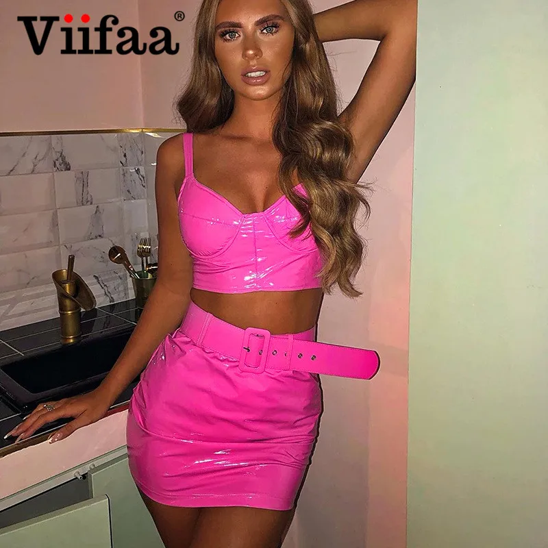 

Viifaa Bright PU Leather Neon Two Piece Outfits Bustier Crop Top and Skirt Set Women 2019 Buckle Belted Club 2pcs Matching Sets