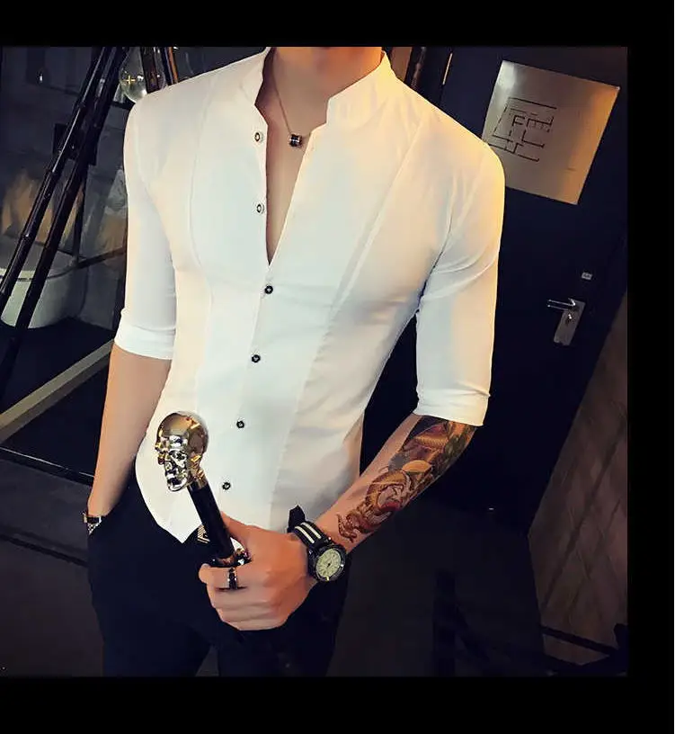 Camisa de estilo chino de cuello alto para hombres ropa de Corea de ajuste delgado para hombres de media manga - Цвет: Белый