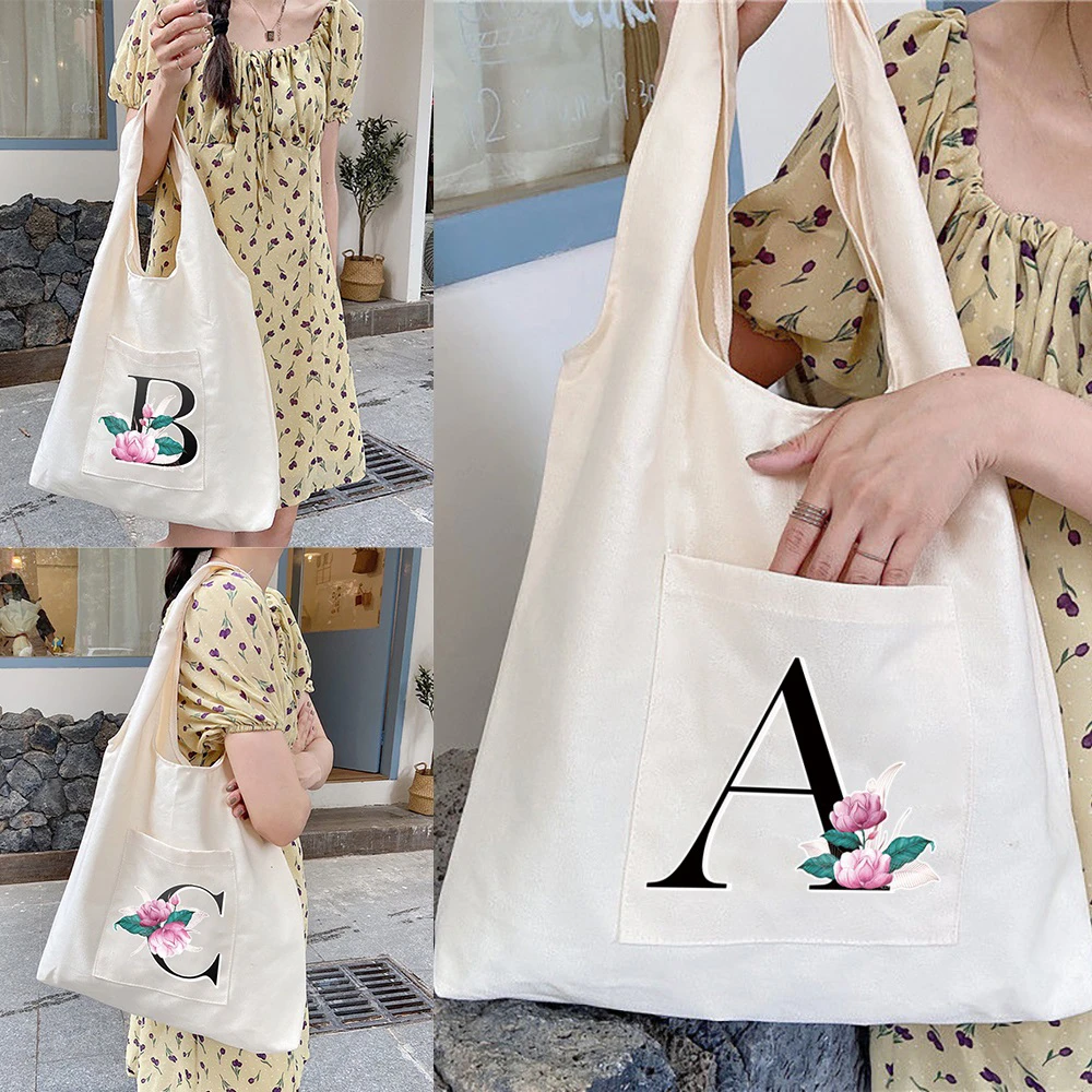 Bolsas de compras de lona para mujer, bolso escolar con letra de inicial, de algodón, de tela, para compras comestibles|Bolsas - AliExpress