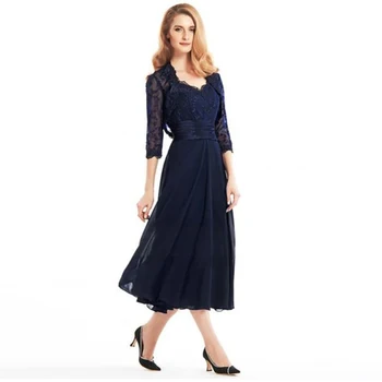 

Charming Navy Blue Tea Length Lace Mother of the Bride Dresses With Jacket Wedding Party Gowns Shoulers With Straps