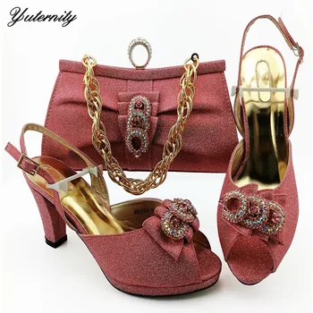 

Latest Design PU With Metal High Heels Shoes And Bag Set Hot Selling Fashion Peep Toe Shoes And Bag Set For Wedding Party