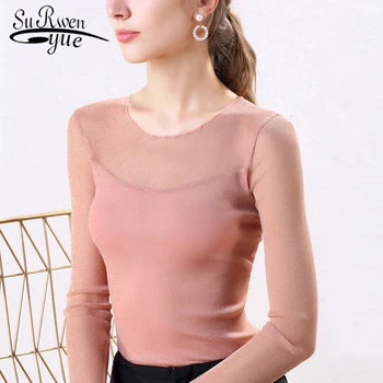 

Casual Ladies Blouse Women Blusas Mujer De Moda 2019 Solid Long Sleeve Pink Mesh Sexy Hollow Women Tops and Blouses 5904 50