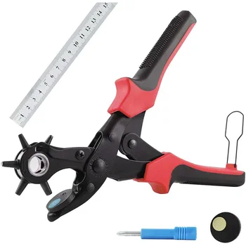

Leather Hole Punch, Belt Hole Puncher, Heavy Duty Revolving Punch Plier Tool with Extra Punch Plates and Ruler-Dropship