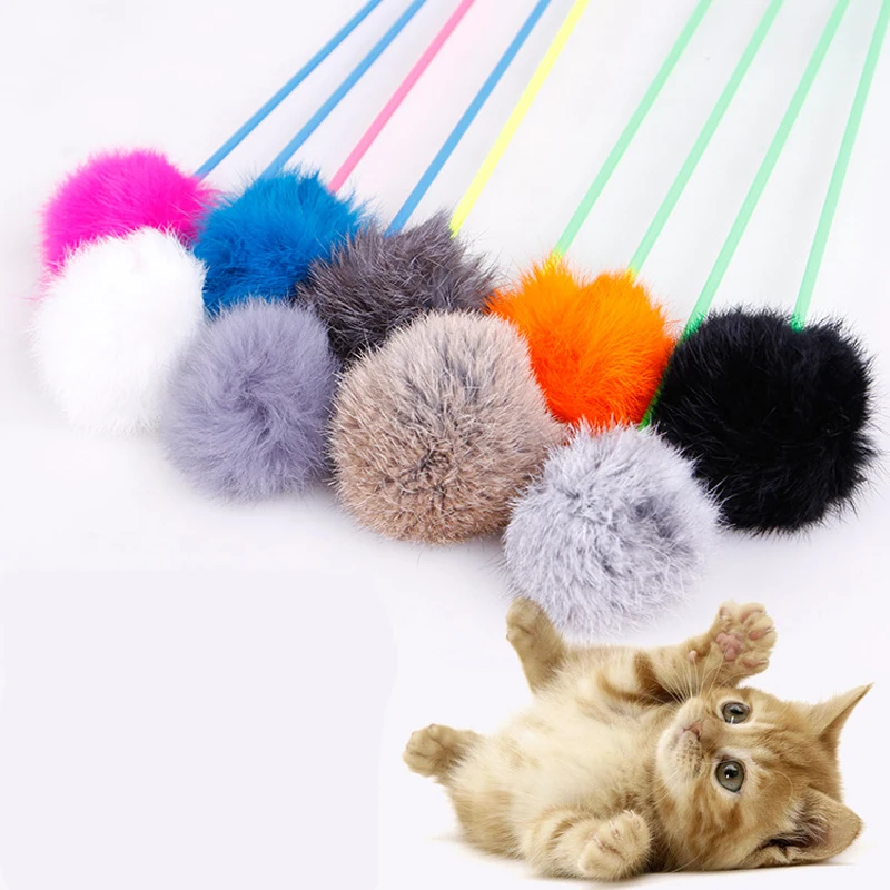 

Pet toy rabbit hair ball cat stick real rabbit hair does not fall off, good elasticity, no poison cat interactive toys