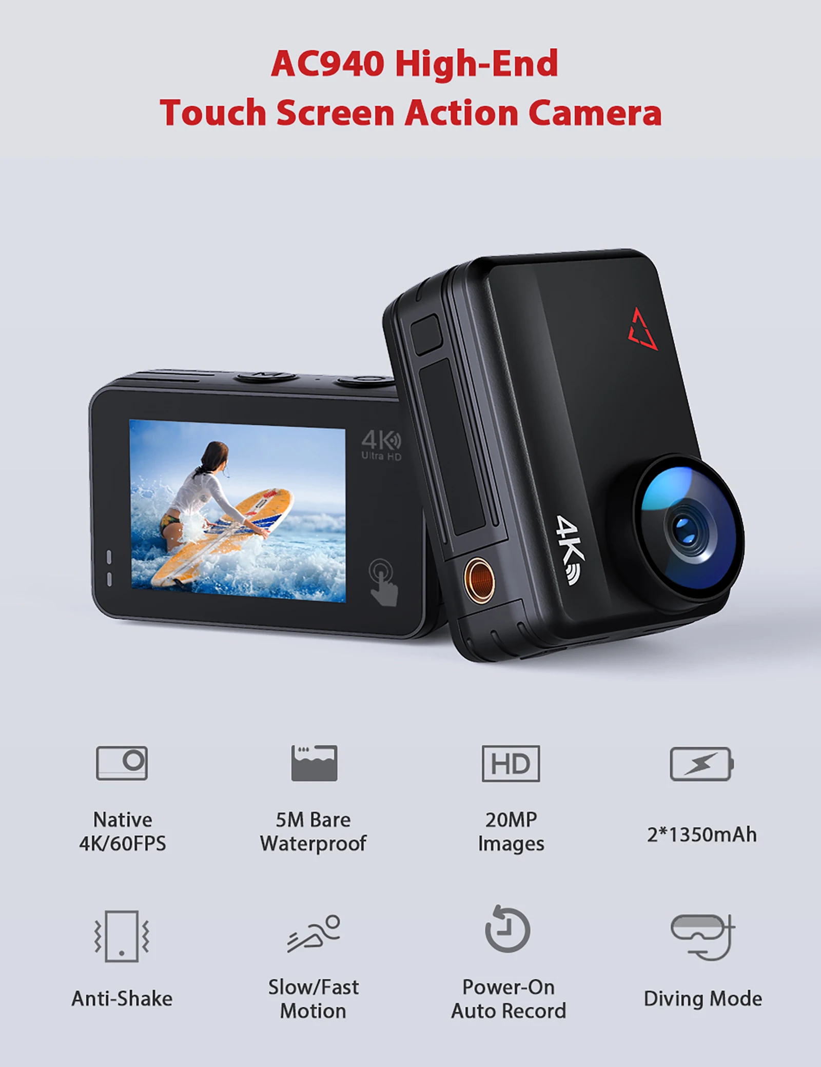 old action camera Victure  AC940 Action Camera 4K 60FPS 8M Bare Machine Waterproof 20MP Touch Screen EIS Remote Control  with 1350mAh Batteries action camera near me