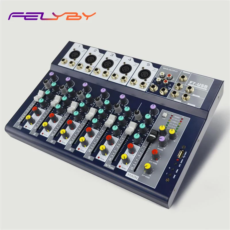 

FELYBY Professional 7 Channesl Mixer Studio Sound Mixing Console with Digital Reverb Effect USB Interface DJ Audio Mixer