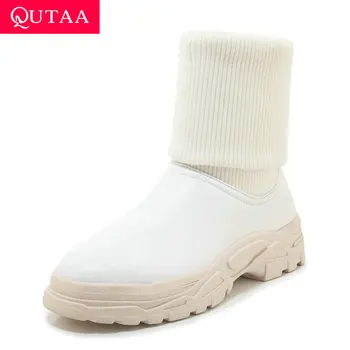 

QUTAA 2020 Knitting PU Leather Round Toe Slip on Women Shoes Autumn Winter Square Middle Heel Casual Ankle Boots Big Size 34-43