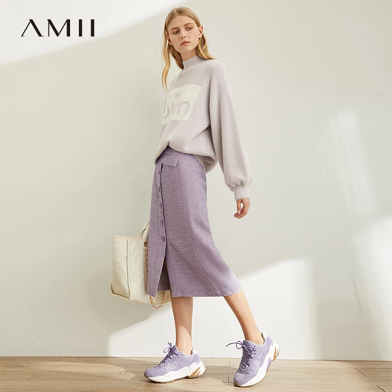Half-Skirt Amii-Spring Women Plaid Knee-Length High-Waist A-Word French