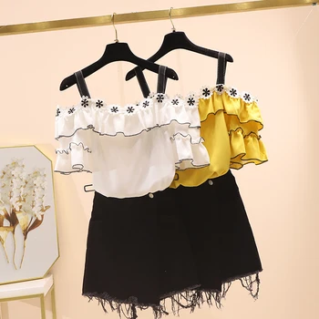 

2020 Summer Two Piece Strap Flare Sleeve Slash Neck Lace Ruffles Cute Chiffon Blouse Black shorts Women's Sets