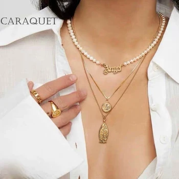 

Caraquet Punk Multi Layer Pearl Choker Necklace Women Collar Statement Virgin Mary Coin Angel Alphabet Pendant Necklace Jewelry