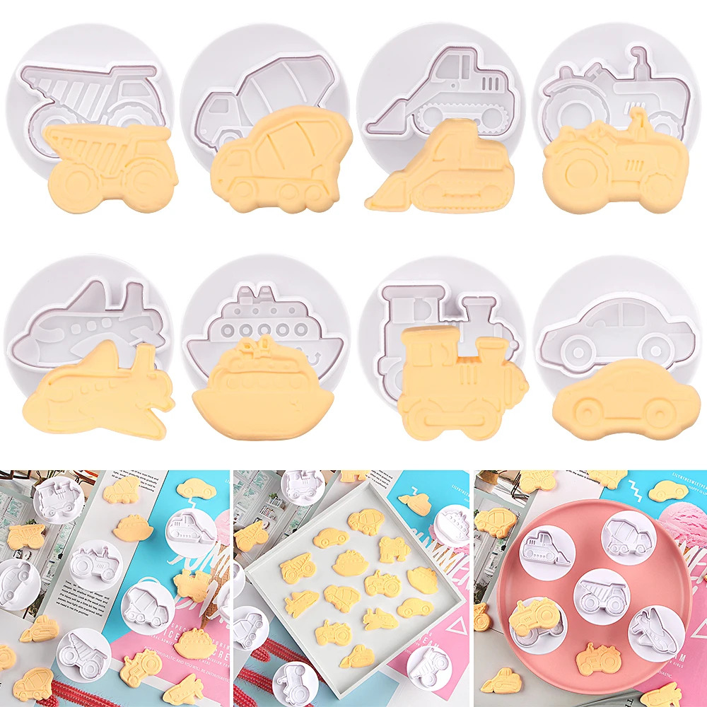 4pcs/set Plastic 3D Biscuit Mold Airplane Car Shape Cookie Cutters Fondant Pastry Plunger Chocolate Mold Cake Decorating Tools
