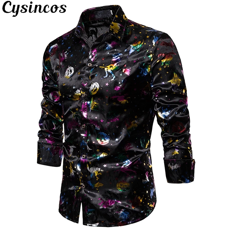 

CYSINCOS Men's Shirt New 2019 Male Black Printing Casual Shirts Spring Autumn Long Sleeved Classic Mens Shirts Free Shipping