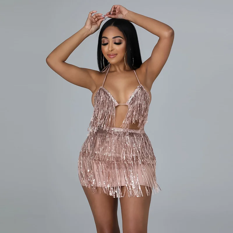 Chic Sequins Bandage Halter Crop Top and High Waist Skirt Set Womens Tassel Sequined Tracksuit Nightclub Out Celebraties Outfits