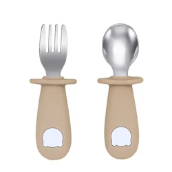 Cartoon Bear Baby Feeding Spoon and Fork Set - BPA-Free Silicone and Stainless Steel Utensils (004 taupe)