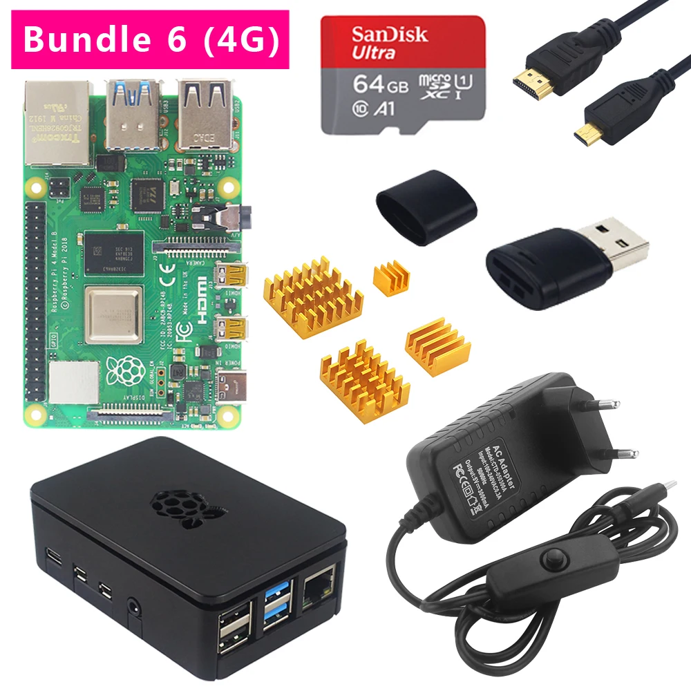 Raspberry Pi 4 Модель B 2G/4G ram+ радиатор+ ABS чехол+ выключатель питания+ HDMI+ 32/64 sd-карта+ кардридер для RPi 4 4B