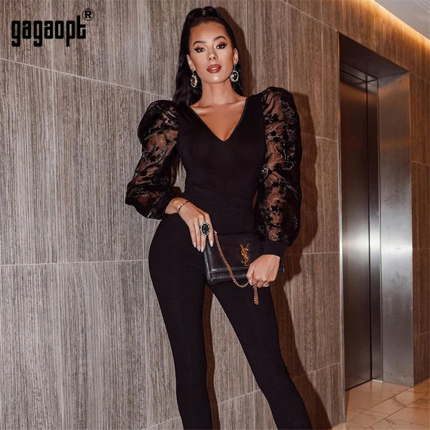 Gagaopt, Зимний цветочный кружевной боди с длинным рукавом, женский сексуальный боди с v-образным вырезом, Черный боди, комбинезон, комбинезоны, уличная одежда