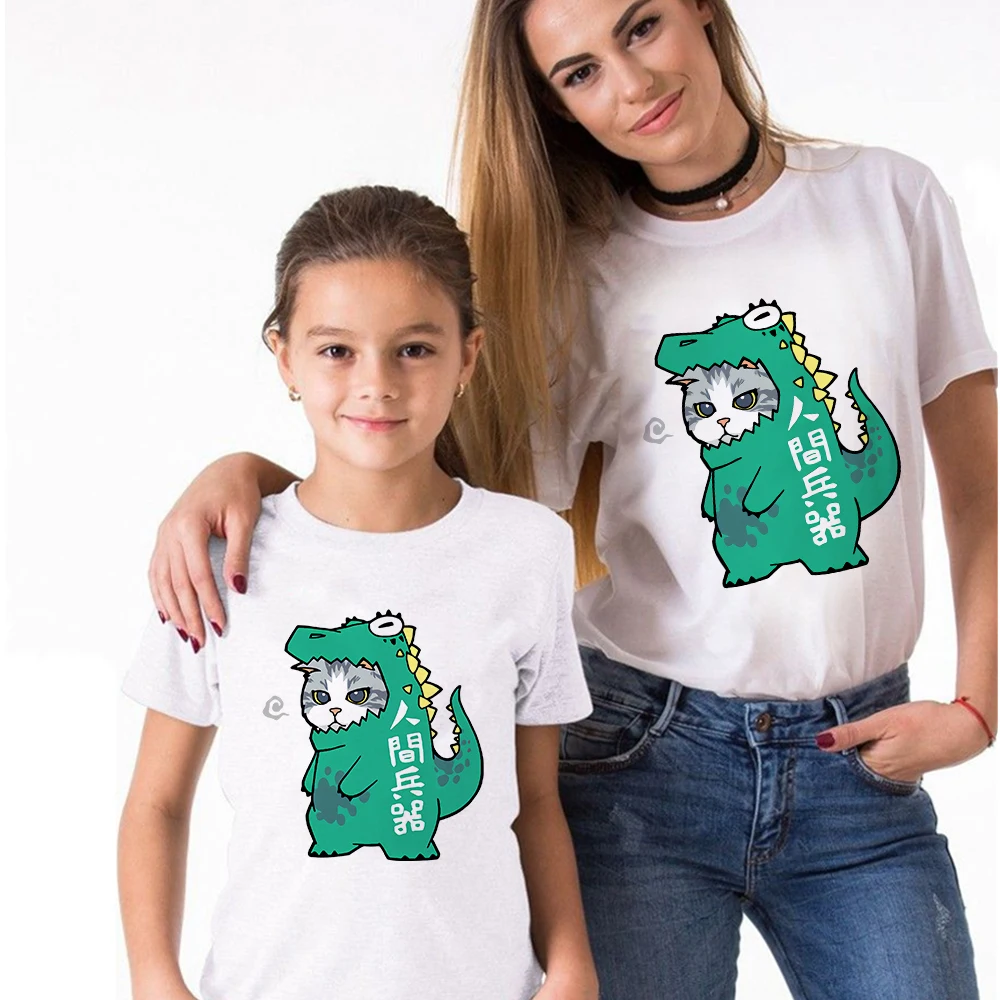 

Cute Cat Cosplay Dinosaur Fun Family Look Tops Ropa Mujer Fine Mother Daughter Kids Clothes T-shirts Punk Cool O-Neck Tshirt