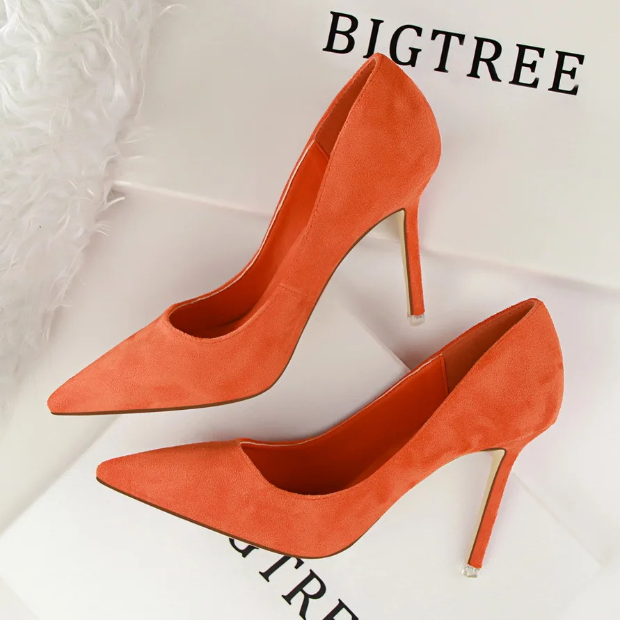 

black 9cm Sexy Pointed Toe Orange Sexy Stiletto high-heeled Shallow Mouth Pointed Suede Professional OL women's Shoes ladies