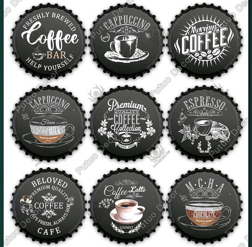 Putuo Decor Coffee Bottle Cap Metal Sign Plaque Metal Vintage Tin Sign Decor for Kitchen Cafe Pub Bar Club Home Wall Decoration