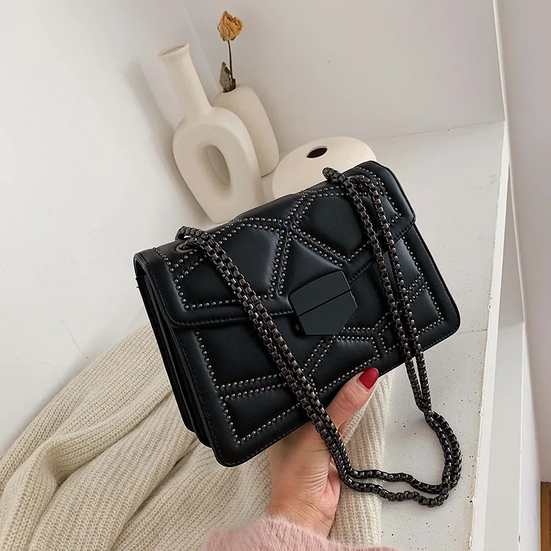 

2020 Autumn And Winter New Style Korean-style Versatile Elegant Rivet Bag Women's Shoulder Pu Chain Square Sling Bag