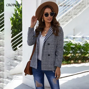 

Plaid Blazer Tops Women Fashion Retro Buttons Lattice Suit Female Shoulder Pads Office Outwear Blazer Lady Casual Coats