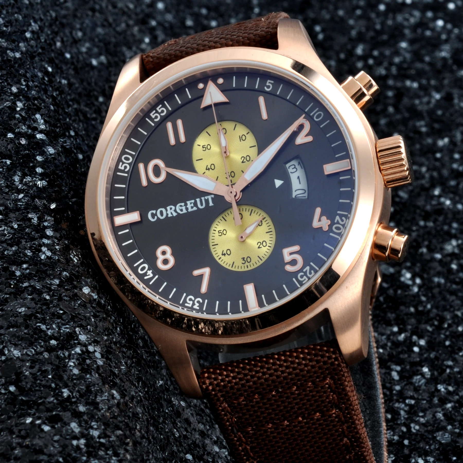 

Top brand Corgeut46mm Rose Gold Case aseptic dial fully automatic timing men's quartz watches date waterproof men's watches