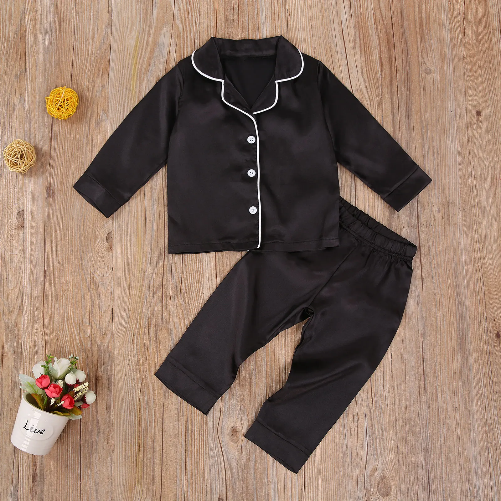 Toddler Baby Black Satin Pajamas, Infant Boy Short/Long Sleeve Short
