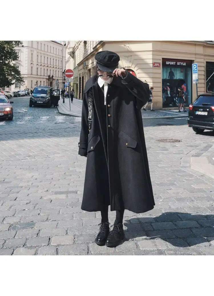 Photo Shoot Autumn& Winter New Style Korean-style Loose-Fit Hepburn-Style Black And White with Pattern Duffle Coat Long Ca