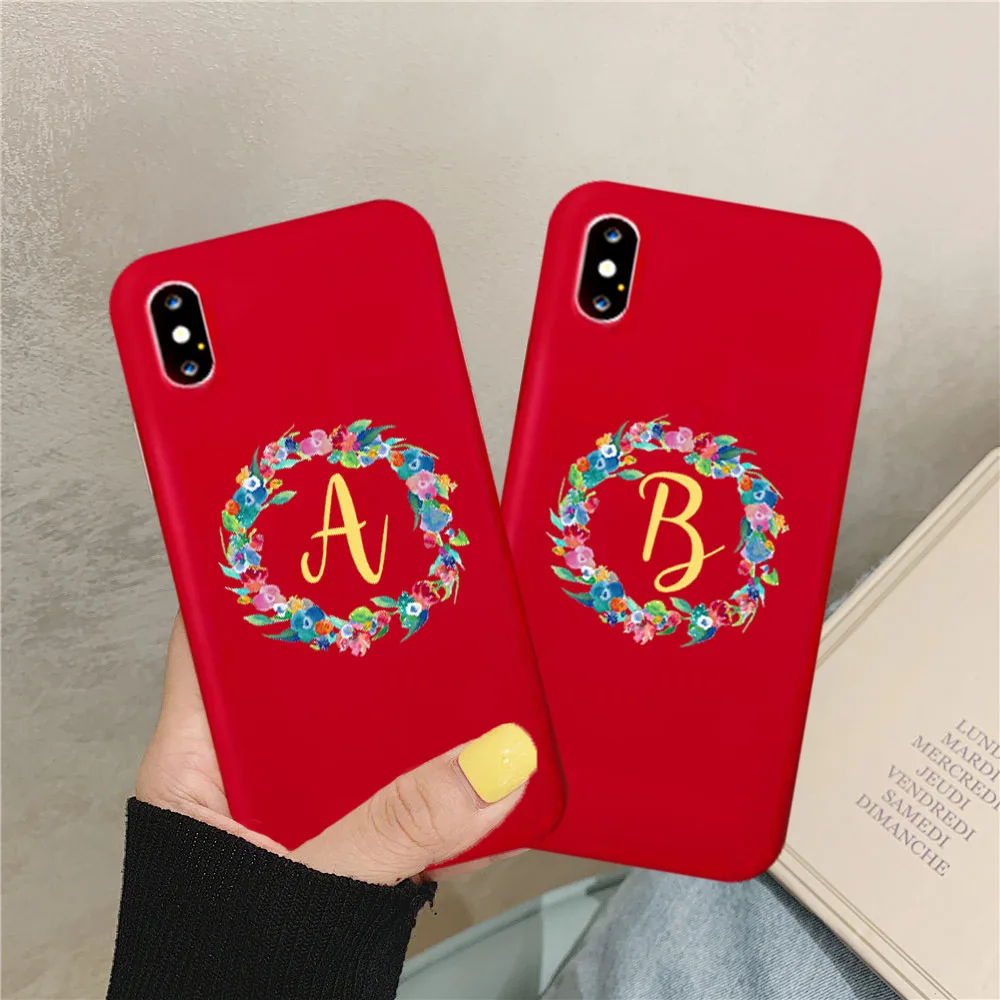 Couple Customized Flower Letter Soft Red Phone Case for IPhone XS 11 Pro Max 7 8 6s Plus XR X Lover Wedding Silicone Cover | Мобильные