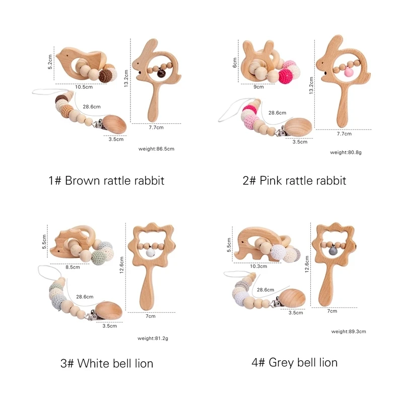 3pcs/Set Baby Wooden Rattle Teething Toy Baby Music Rattles Pacifier Chain Clip Rodent Animal Newborn Educational Toy Nurse Gift