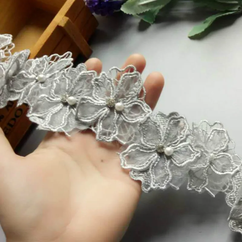 

10pcs/lot Gray Pearl Flower Organza Embroidery Fabric Lace Patch Trim Clothes 3D Beading Flower Wedding Dress DIY Applique 8cm