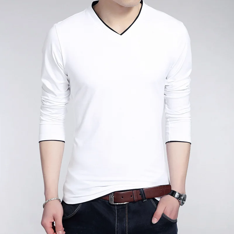 2021 Korean new men's long sleeve T-shirt slim fit cotton solid color wholesale price | Мужская одежда