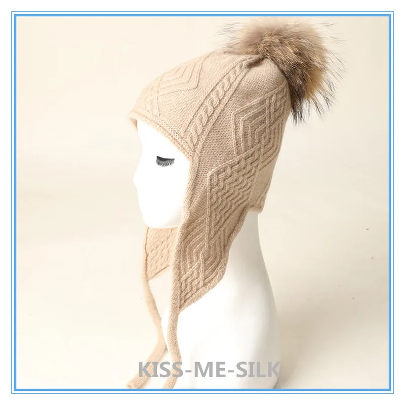 

KMS Autumn winter new cashmere knitted warm new knitted raccoon fur ball hat cap for Girl Lady Woman